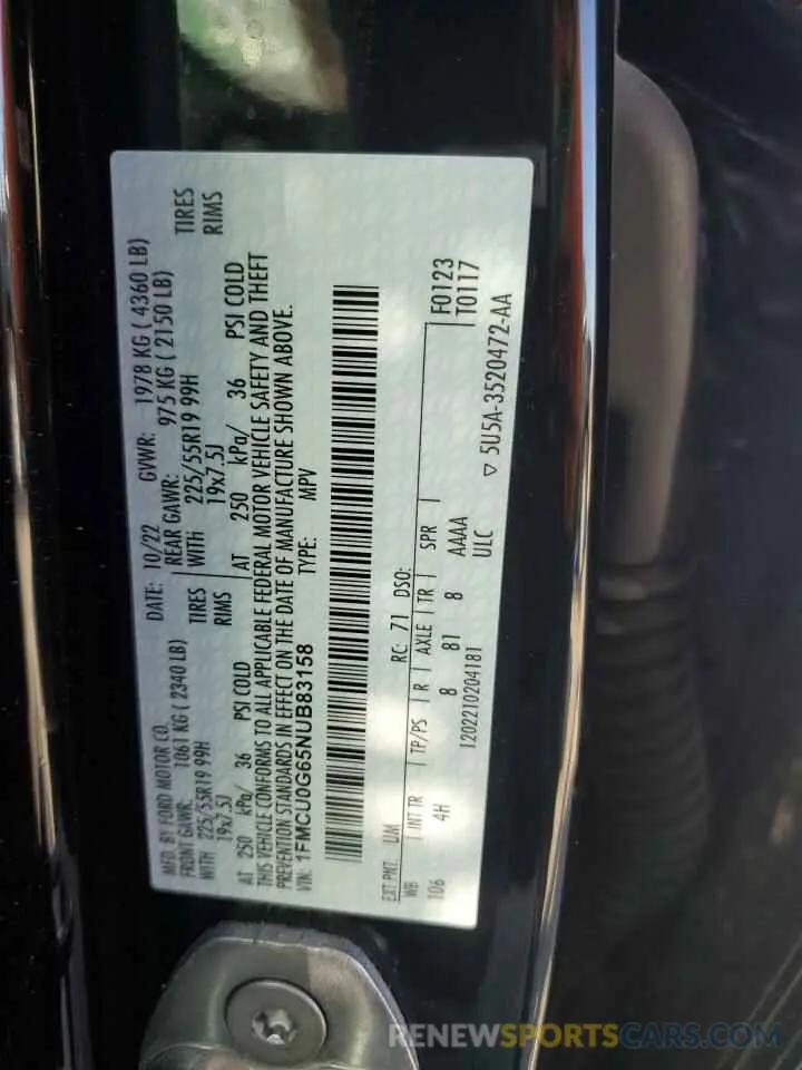 14 Фотография поврежденного автомобиля 1FMCU0G65NUB83158 FORD ESCAPE 2022