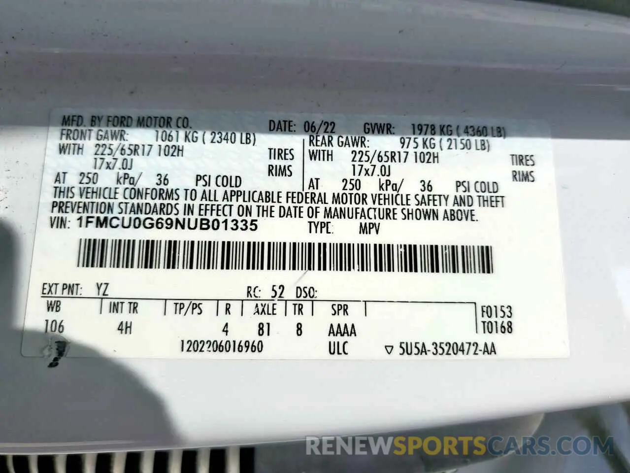 13 Фотография поврежденного автомобиля 1FMCU0G69NUB01335 FORD ESCAPE 2022