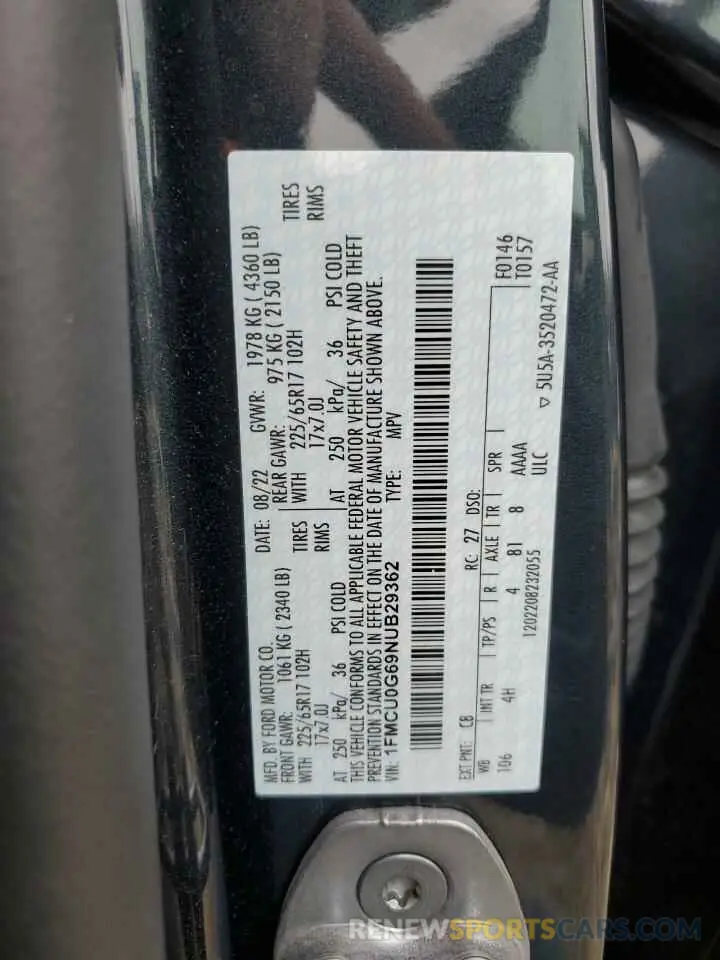 13 Фотография поврежденного автомобиля 1FMCU0G69NUB29362 FORD ESCAPE 2022