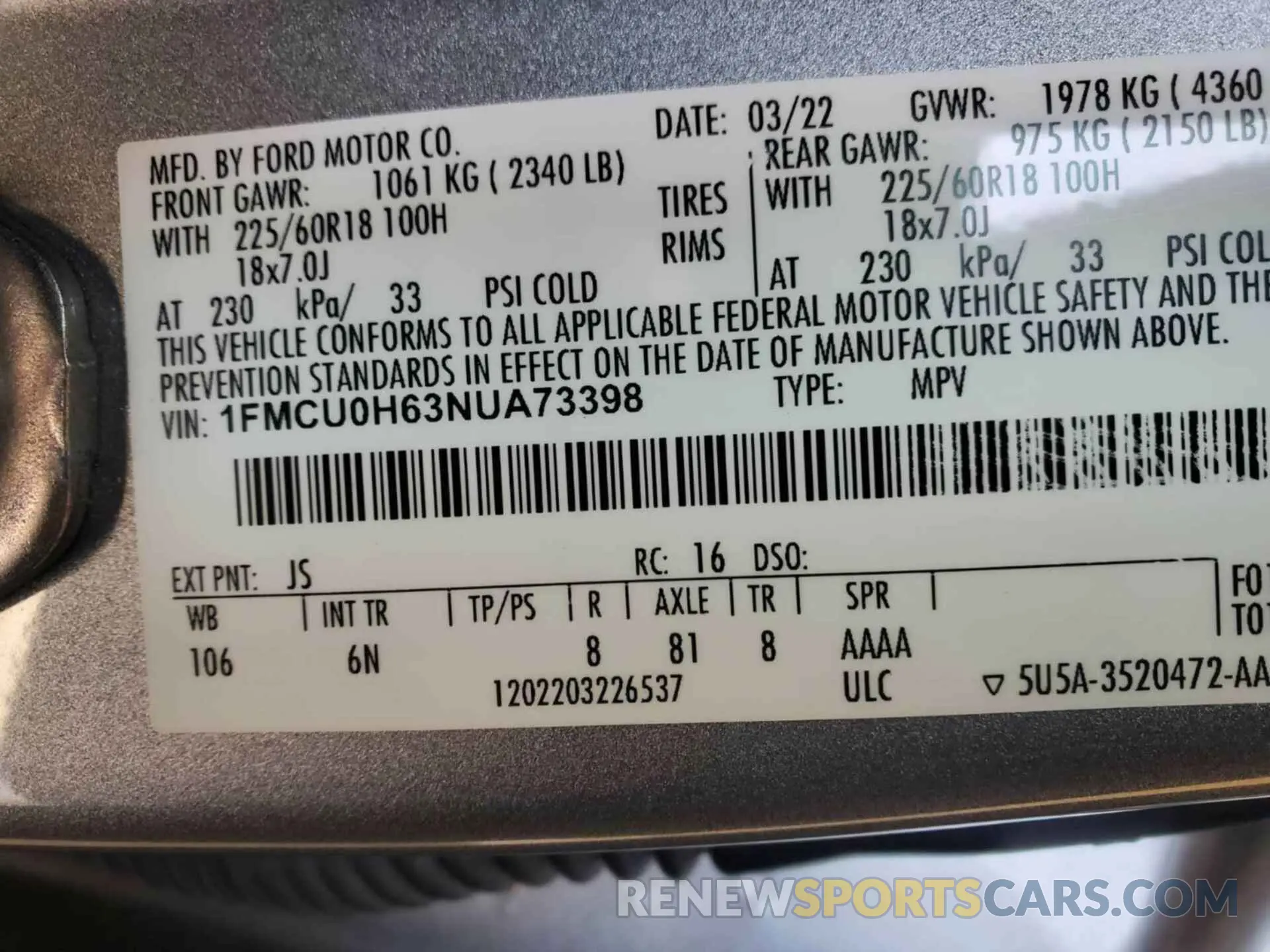 23 Фотография поврежденного автомобиля 1FMCU0H63NUA73398 FORD ESCAPE 2022