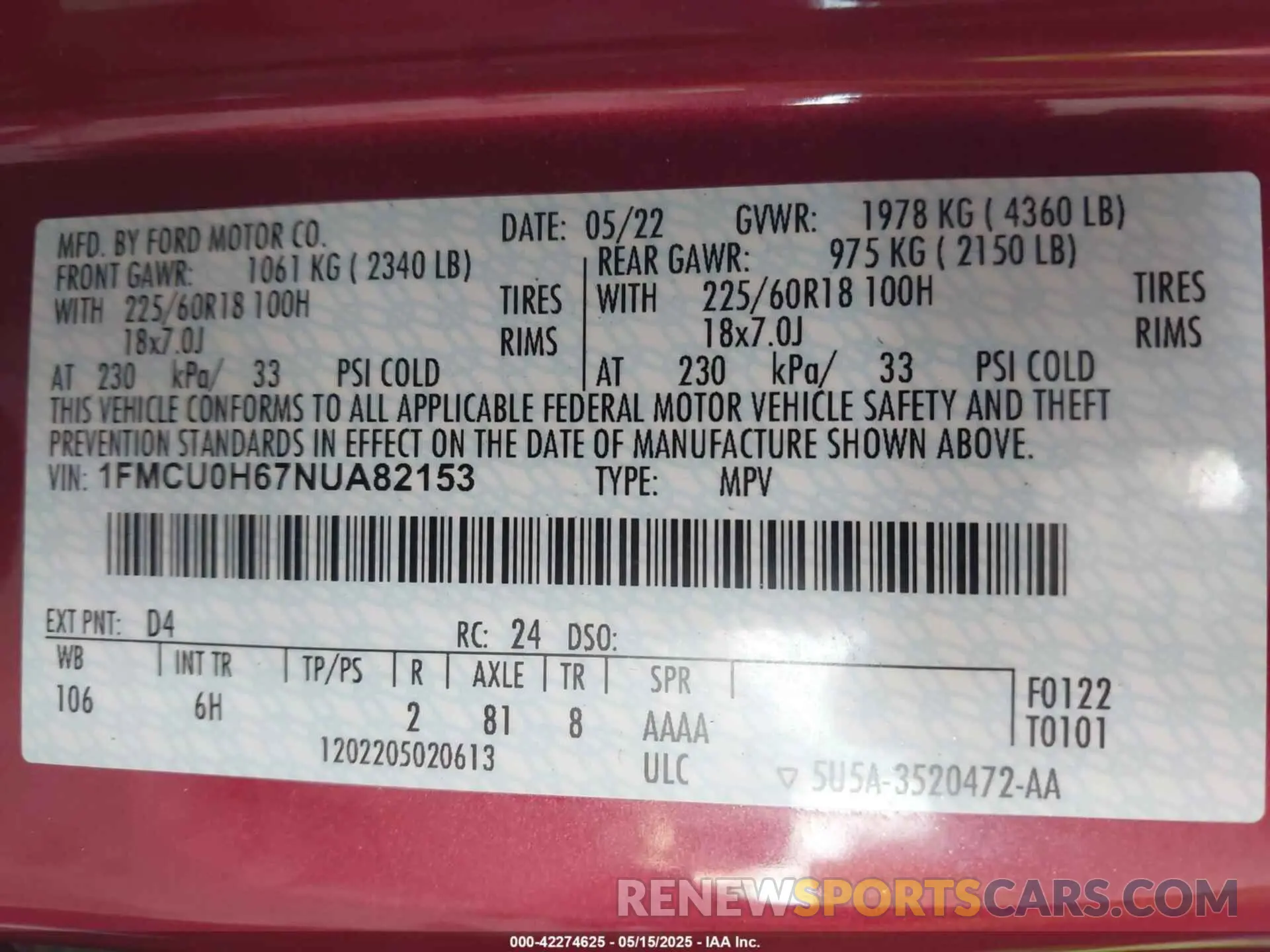 9 Фотография поврежденного автомобиля 1FMCU0H67NUA82153 FORD ESCAPE 2022