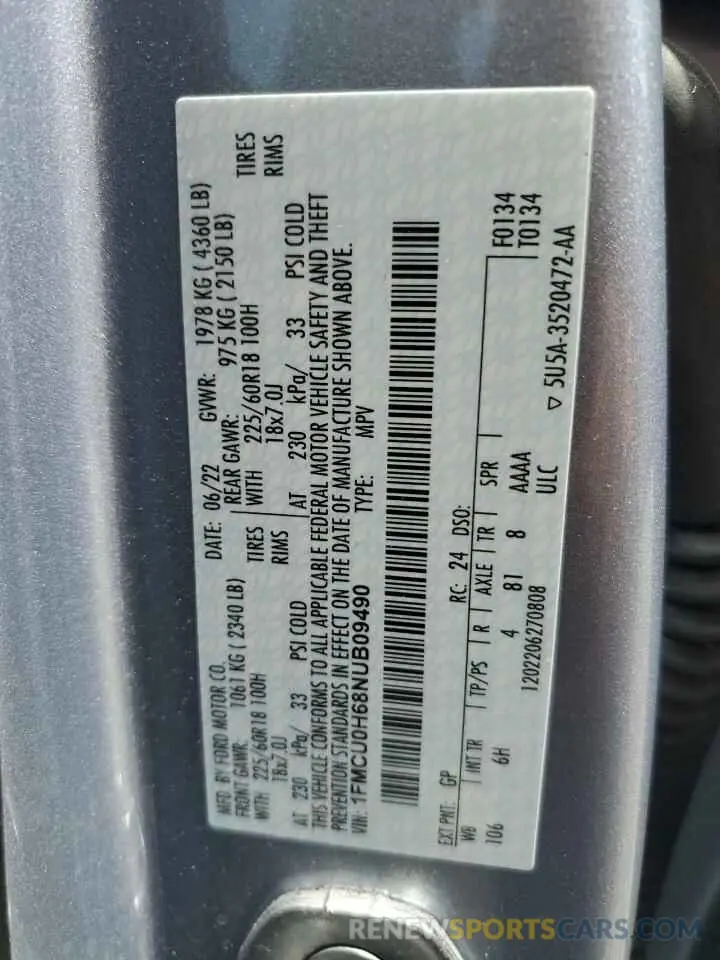 14 Фотография поврежденного автомобиля 1FMCU0H68NUB09490 FORD ESCAPE 2022