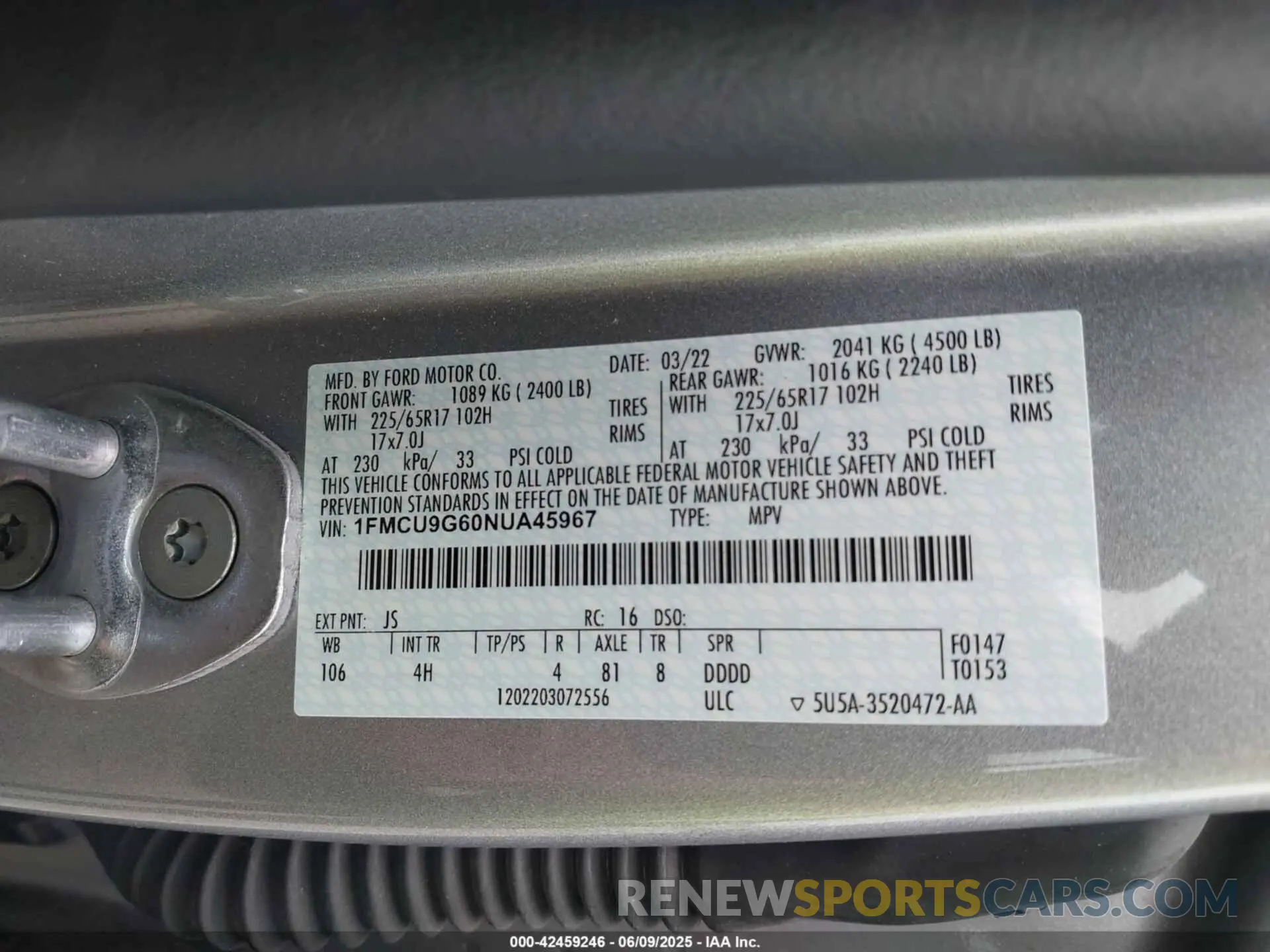 9 Фотография поврежденного автомобиля 1FMCU9G60NUA45967 FORD ESCAPE 2022