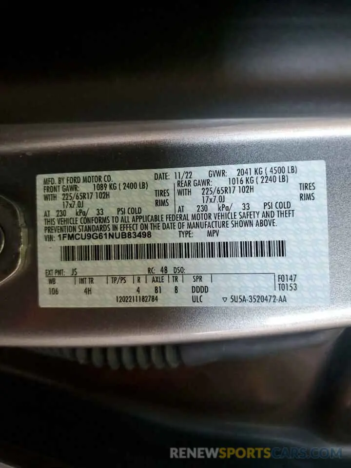 13 Photograph of a damaged car 1FMCU9G61NUB83498 FORD ESCAPE 2022
