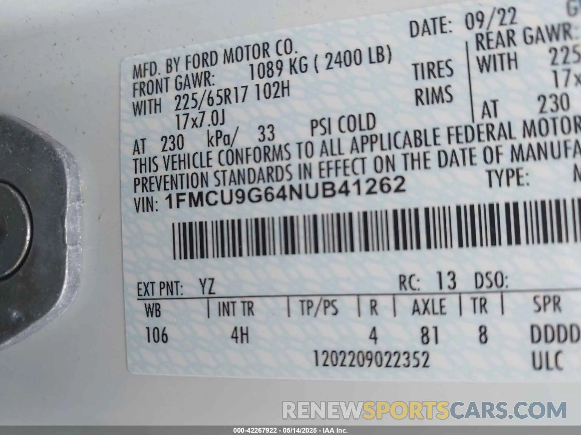 9 Фотография поврежденного автомобиля 1FMCU9G64NUB41262 FORD ESCAPE 2022