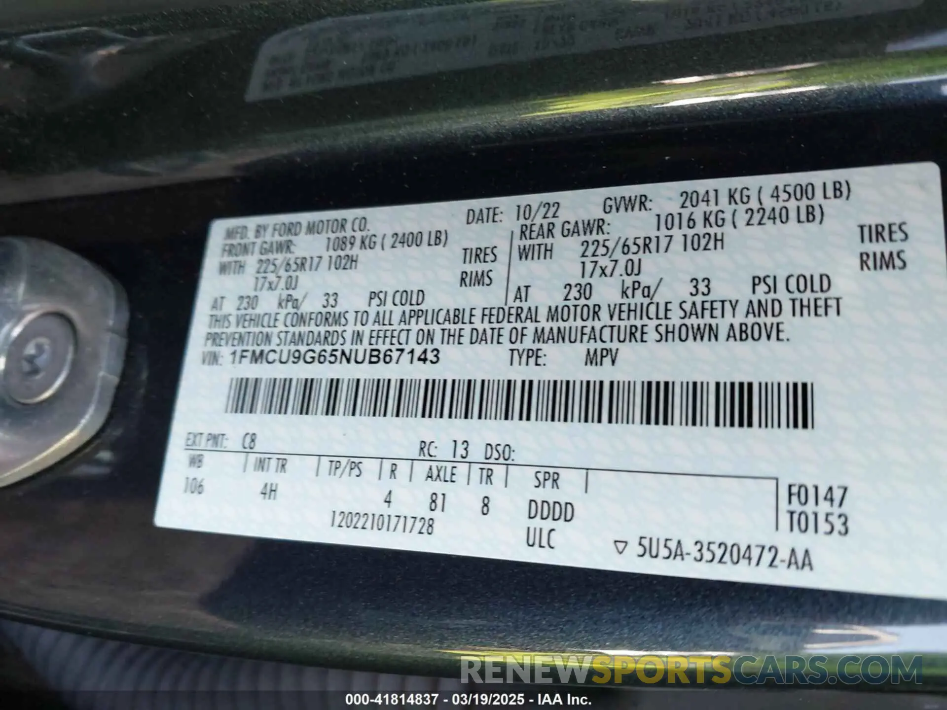 9 Фотография поврежденного автомобиля 1FMCU9G65NUB67143 FORD ESCAPE 2022