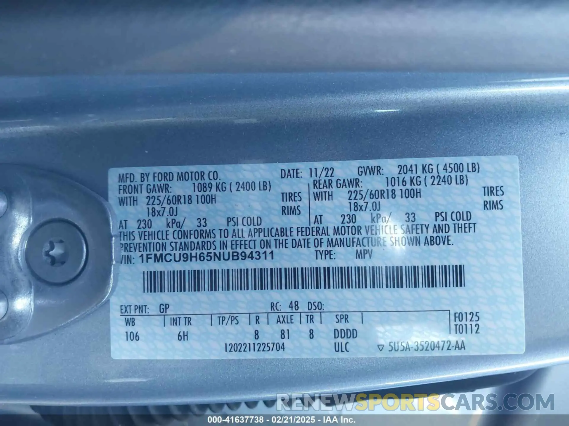 9 Photograph of a damaged car 1FMCU9H65NUB94311 FORD ESCAPE 2022