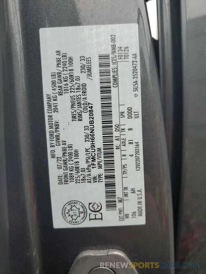 14 Фотография поврежденного автомобиля 1FMCU9H66NUB20847 FORD ESCAPE 2022