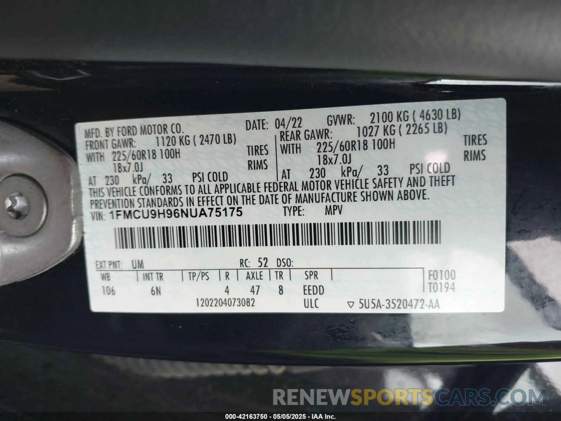 9 Фотография поврежденного автомобиля 1FMCU9H96NUA75175 FORD ESCAPE 2022