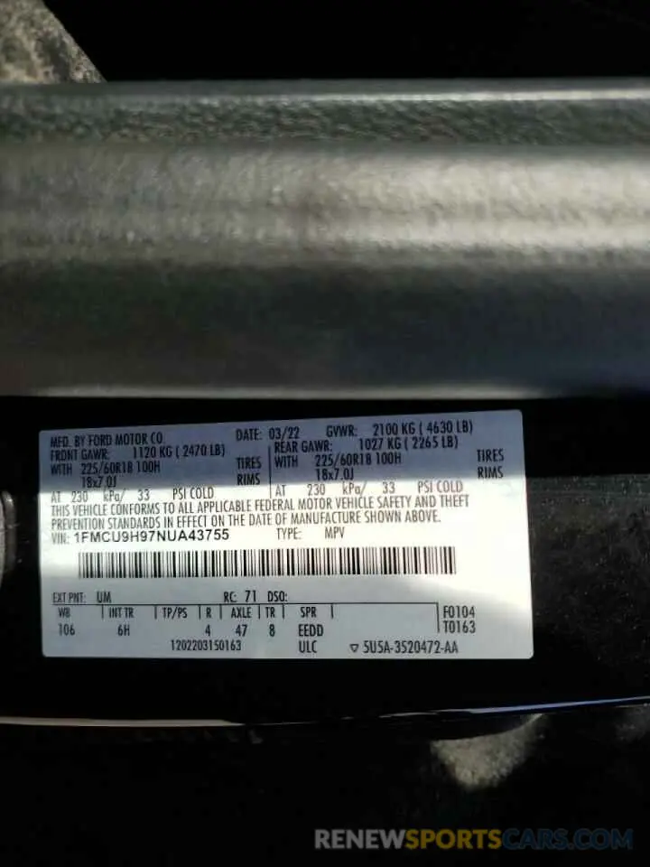 15 Фотография поврежденного автомобиля 1FMCU9H97NUA43755 FORD ESCAPE 2022