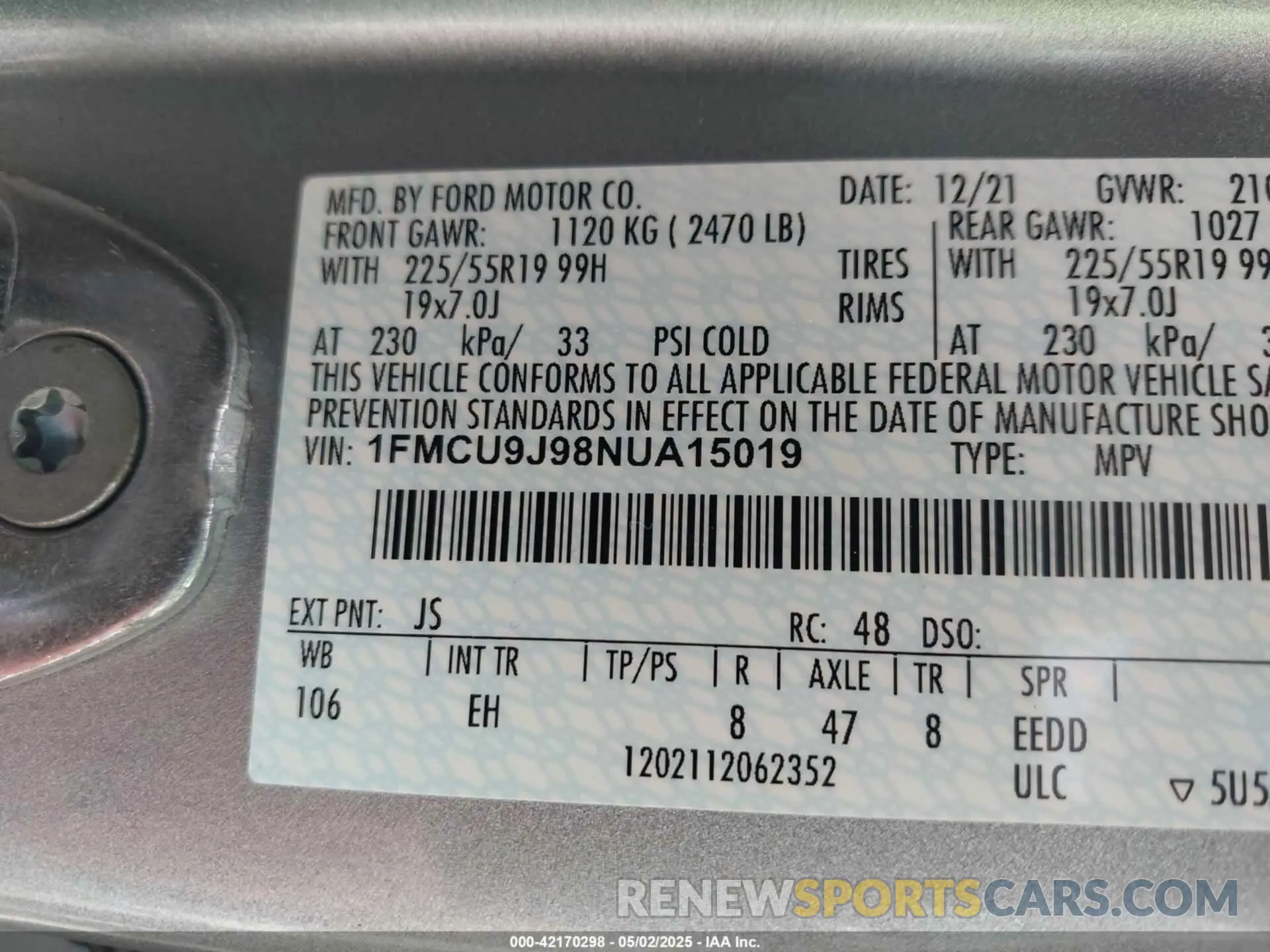 9 Photograph of a damaged car 1FMCU9J98NUA15019 FORD ESCAPE 2022