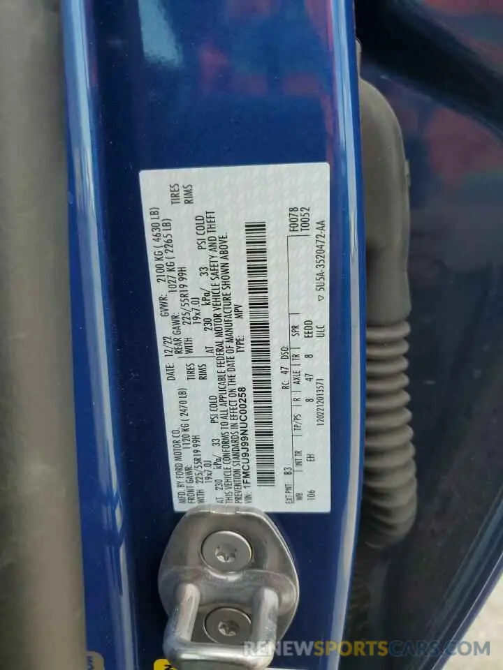 14 Фотография поврежденного автомобиля 1FMCU9J99NUC00258 FORD ESCAPE 2022