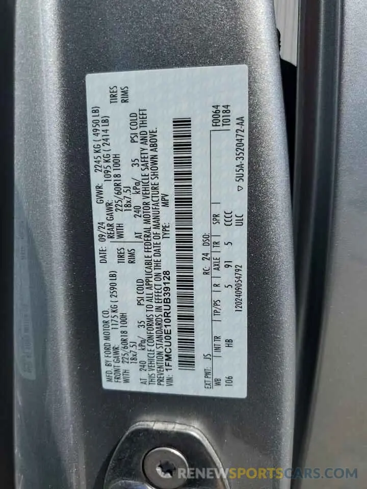 14 Фотография поврежденного автомобиля 1FMCU0E10RUB39128 FORD ESCAPE 2024