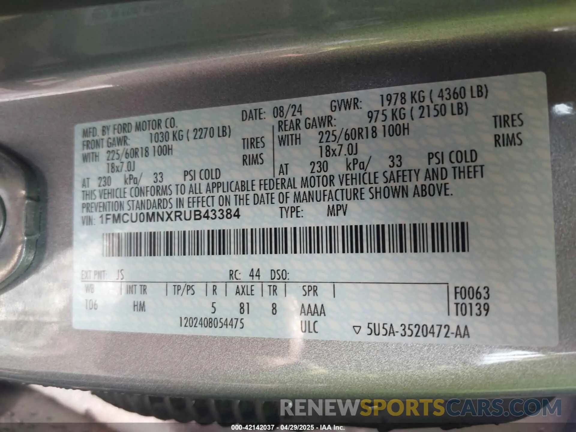 9 Фотография поврежденного автомобиля 1FMCU0MNXRUB43384 FORD ESCAPE 2024
