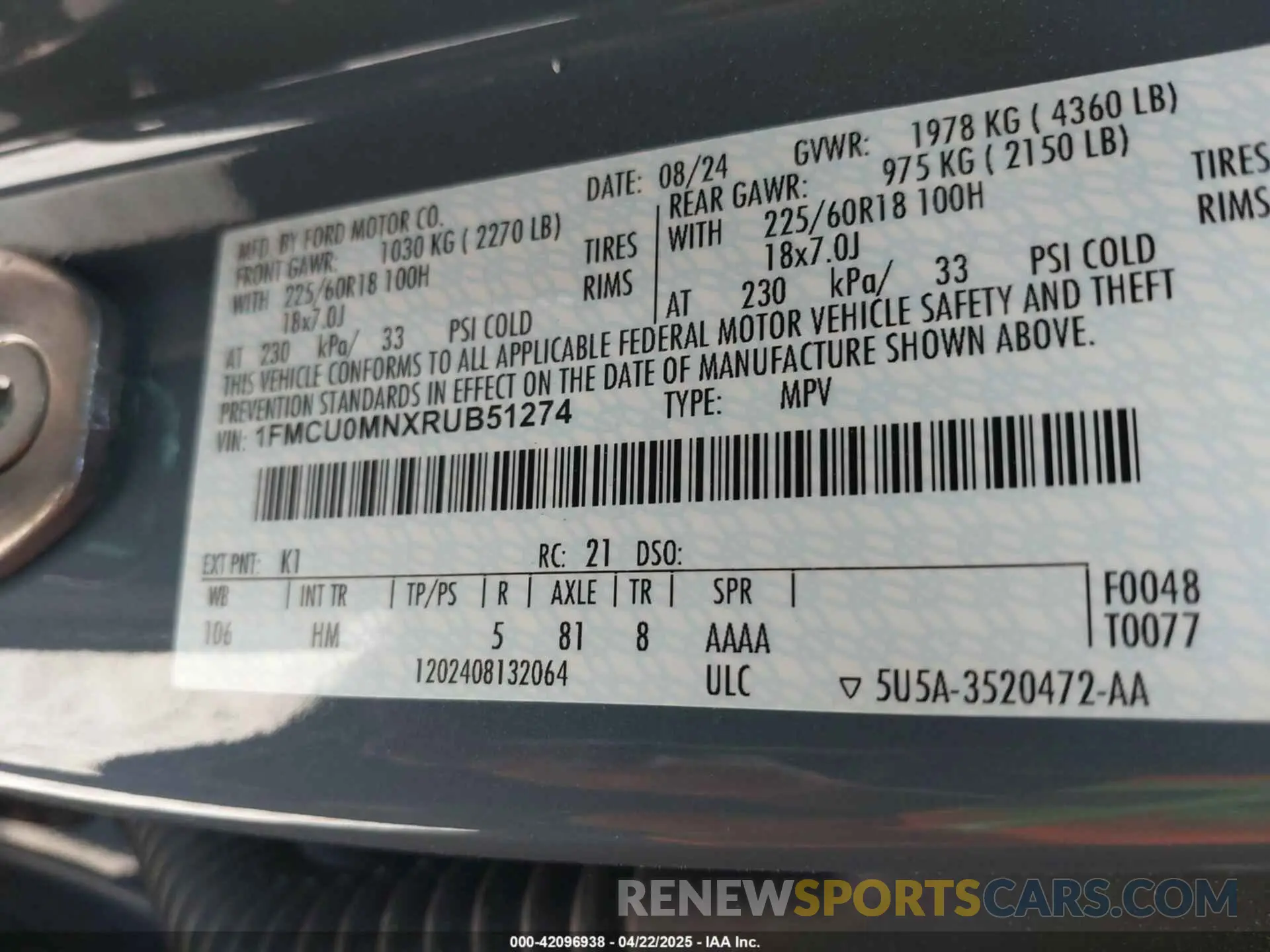9 Фотография поврежденного автомобиля 1FMCU0MNXRUB51274 FORD ESCAPE 2024