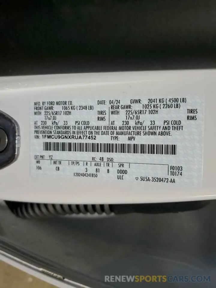 14 Фотография поврежденного автомобиля 1FMCU9GNXRUA77452 FORD ESCAPE ACT 2024