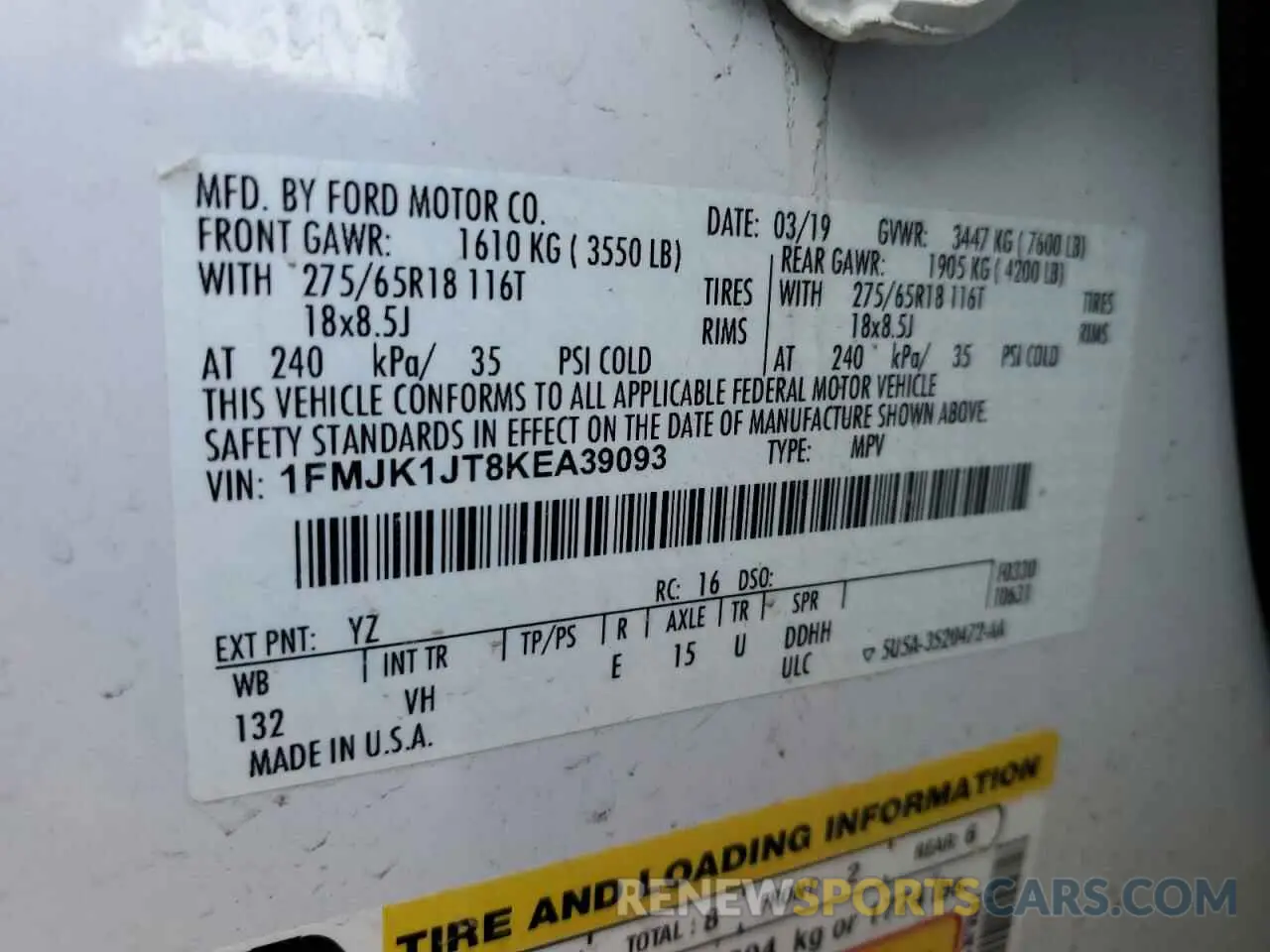 15 Photograph of a damaged car 1FMJK1JT8KEA39093 FORD EXPEDITION 2019