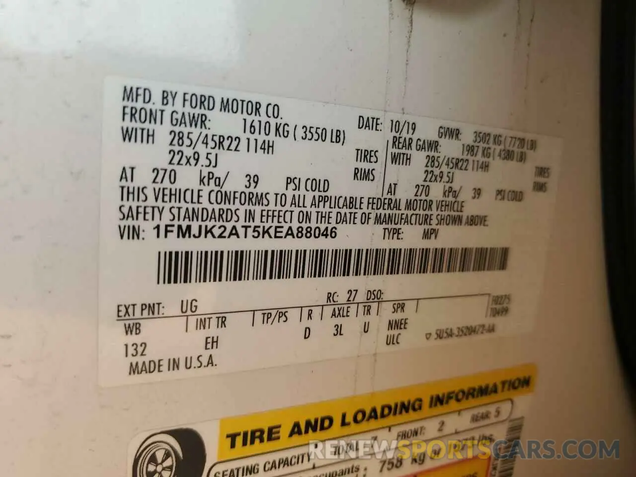 16 Photograph of a damaged car 1FMJK2AT5KEA88046 FORD EXPEDITION 2019