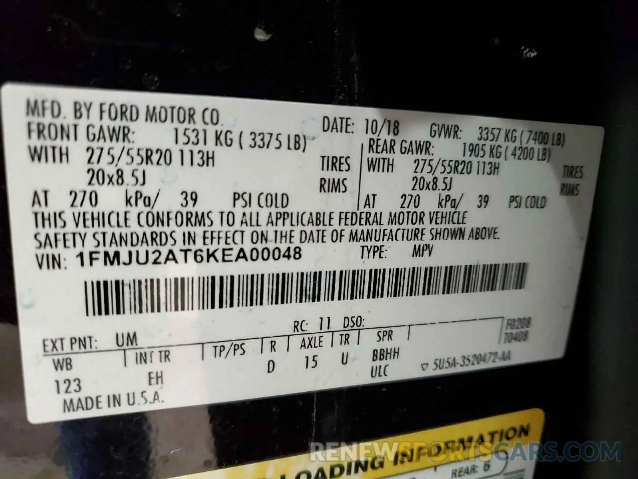 16 Photograph of a damaged car 1FMJU2AT6KEA00048 FORD EXPEDITION 2019