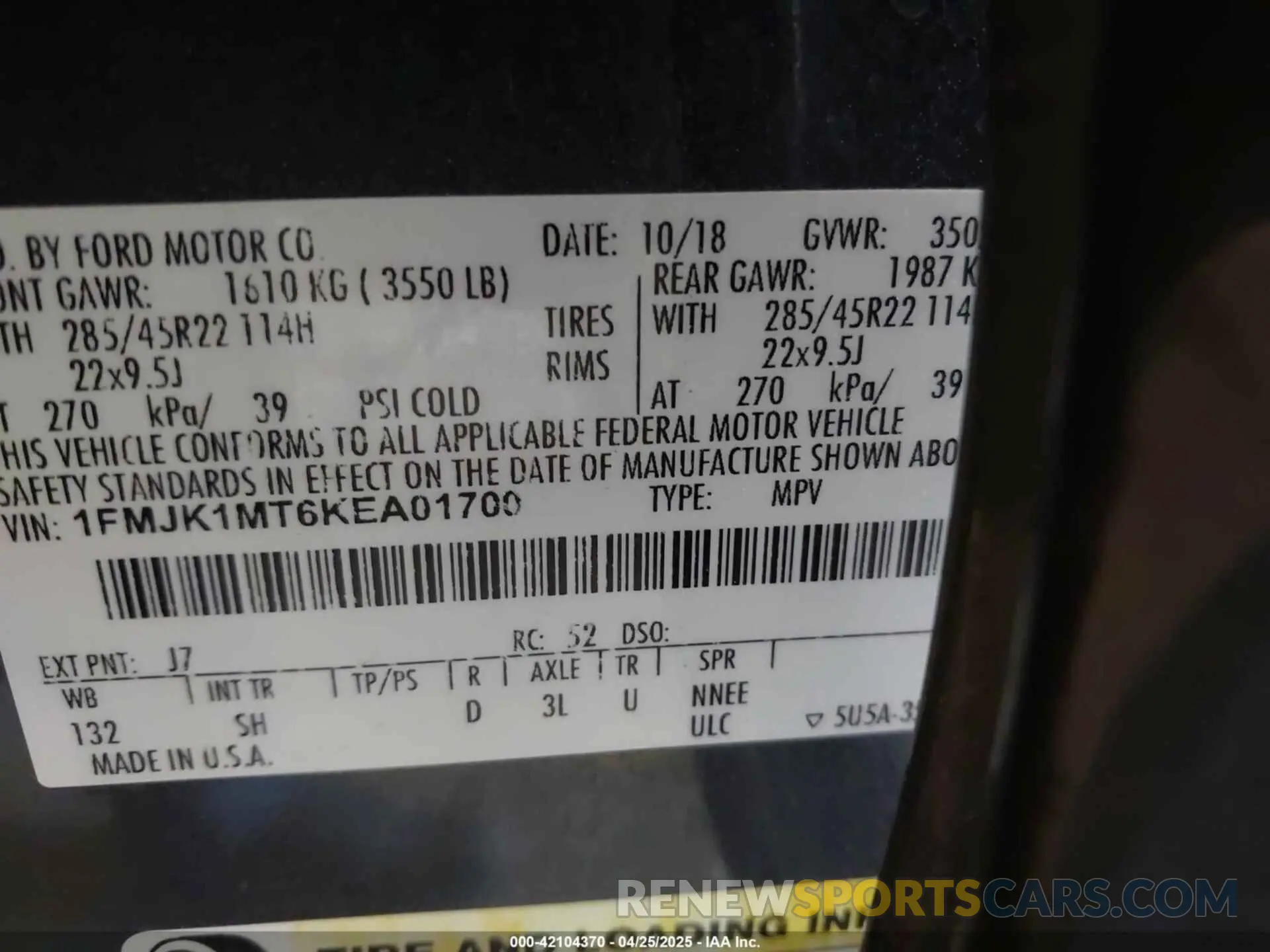 9 Photograph of a damaged car 1FMJK1MT6KEA01700 FORD EXPEDITION MAX 2019