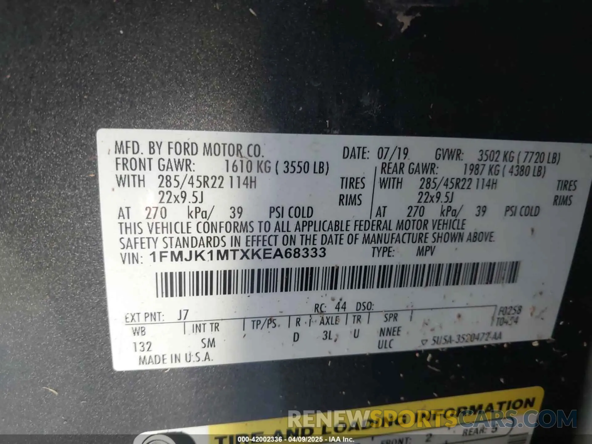 9 Photograph of a damaged car 1FMJK1MTXKEA68333 FORD EXPEDITION MAX 2019