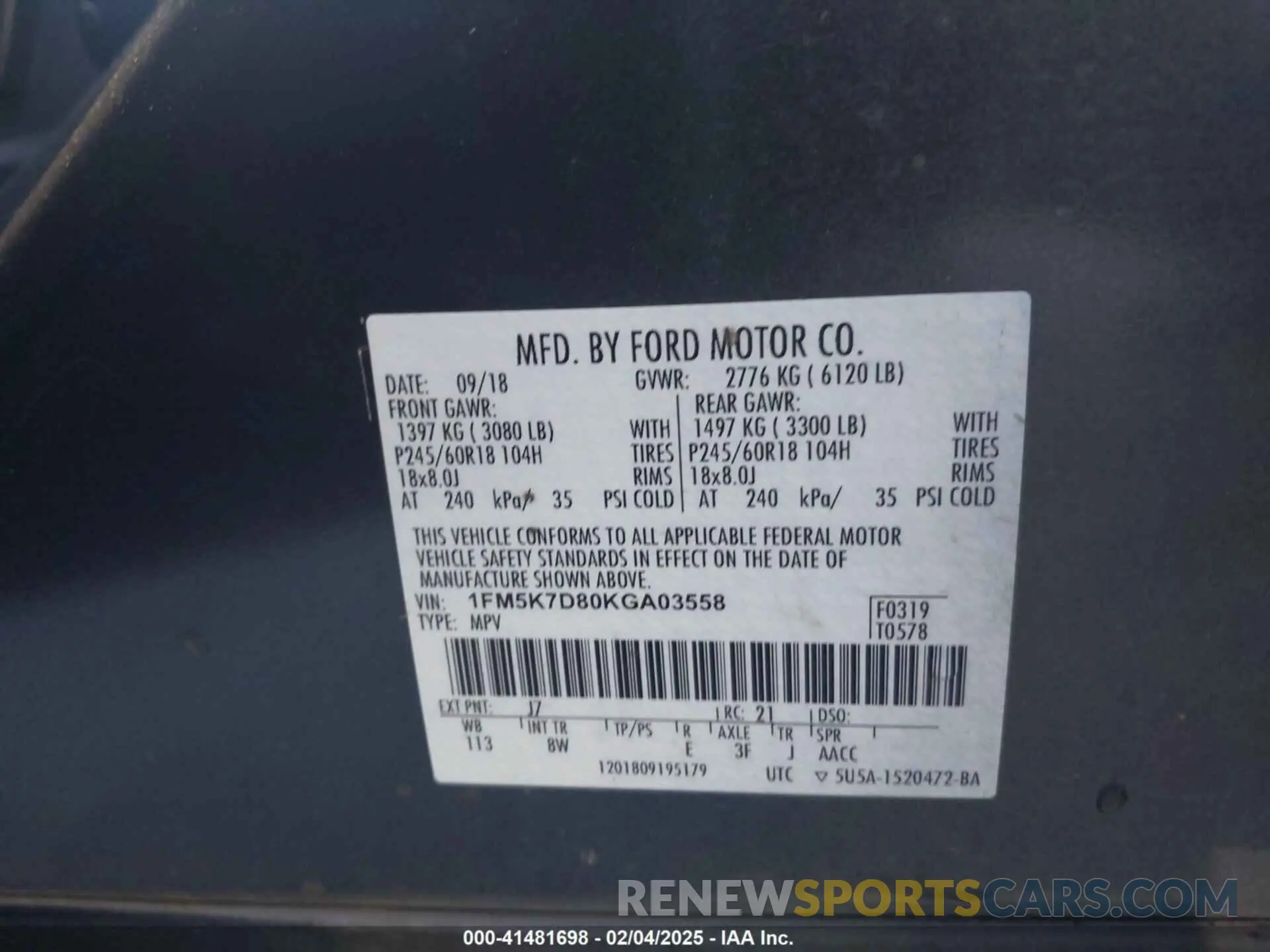 9 Photograph of a damaged car 1FM5K7D80KGA03558 FORD EXPLORER 2019