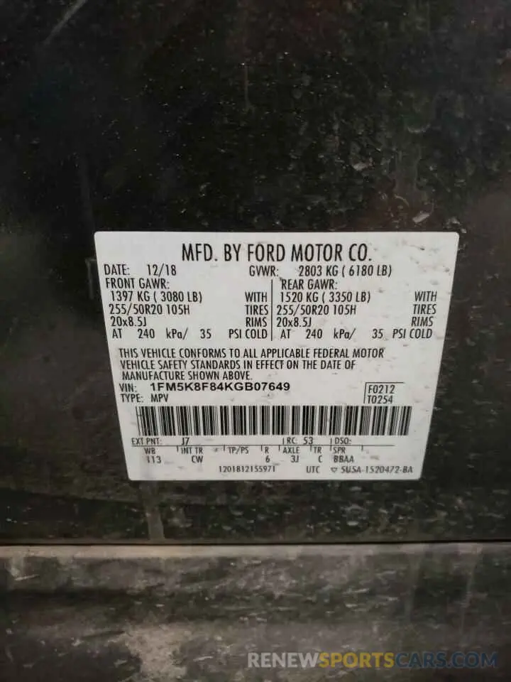 13 Фотография поврежденного автомобиля 1FM5K8F84KGB07649 FORD EXPLORER 2019