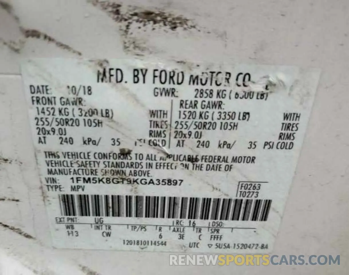 10 Photograph of a damaged car 1FM5K8GT9KGA35897 FORD EXPLORER 2019