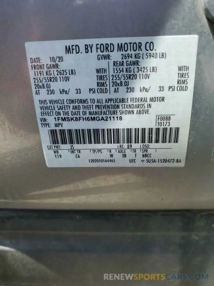 13 Photograph of a damaged car 1FMSK8FH6MGA21118 FORD EXPLORER 2021