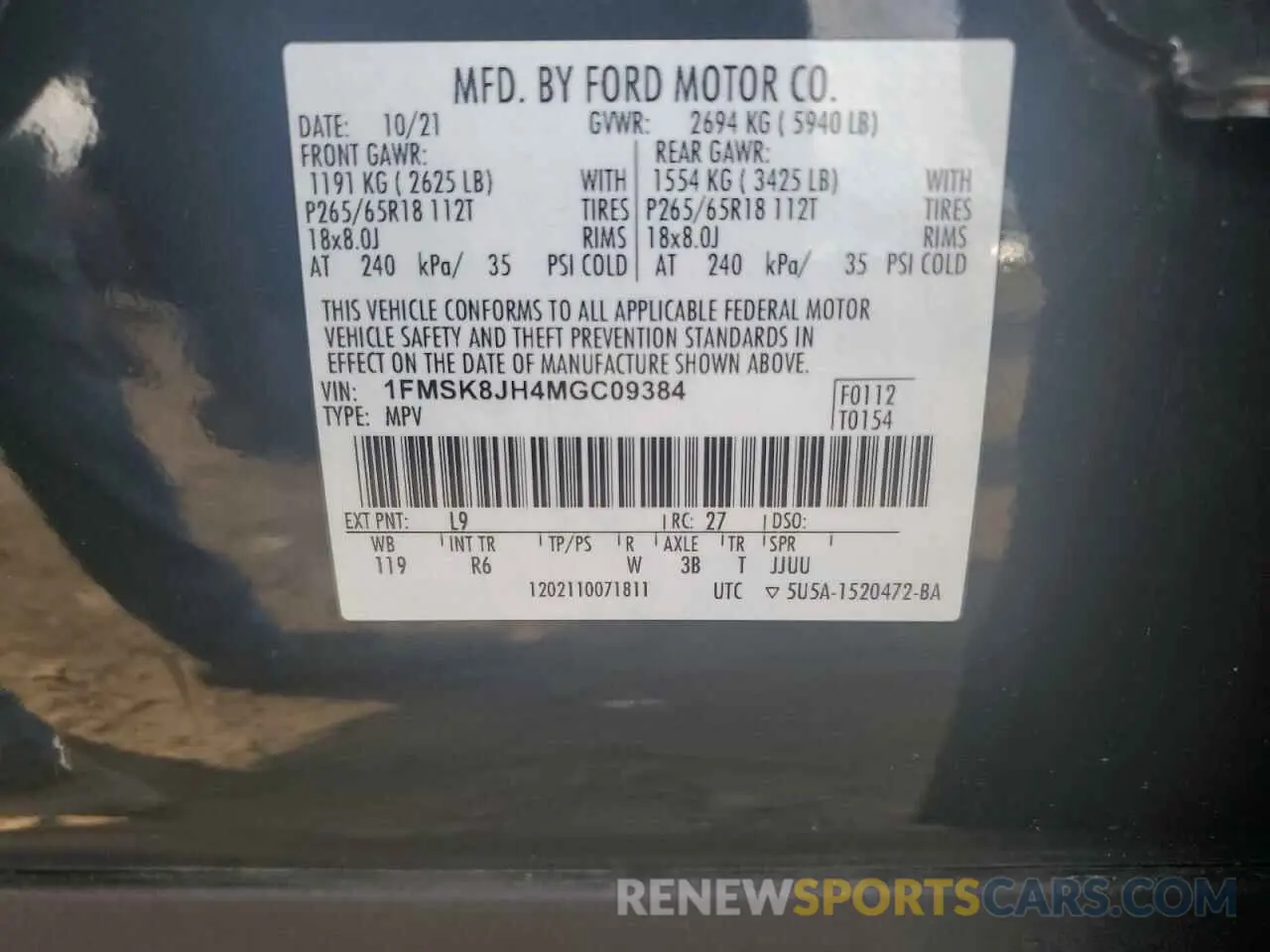 15 Photograph of a damaged car 1FMSK8JH4MGC09384 FORD EXPLORER 2021