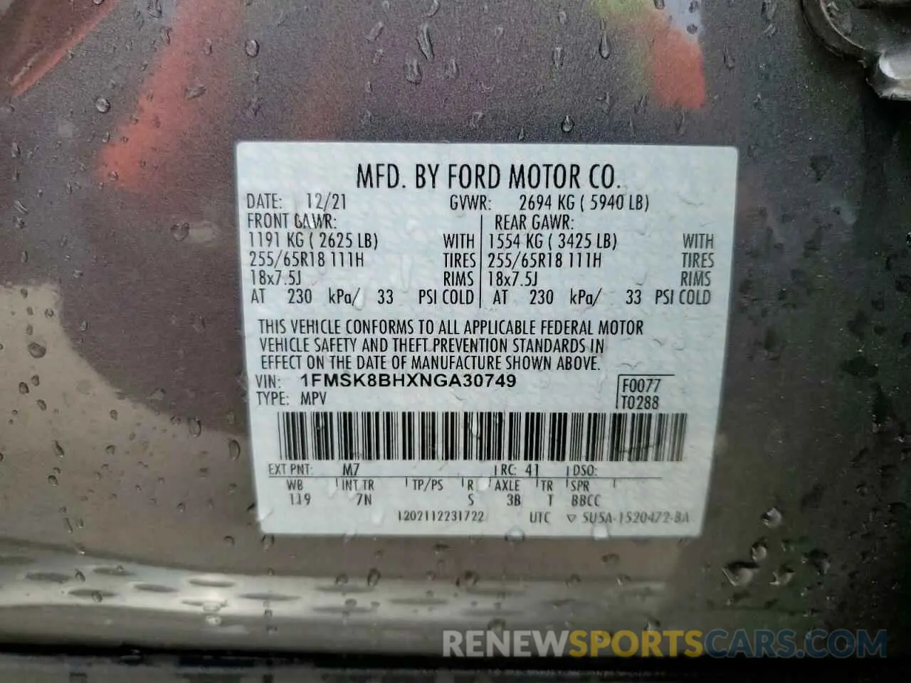 14 Photograph of a damaged car 1FMSK8BHXNGA30749 FORD EXPLORER 2022
