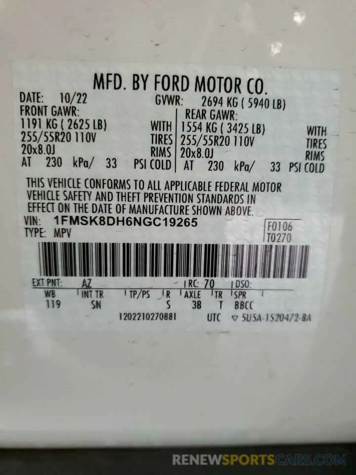 13 Photograph of a damaged car 1FMSK8DH6NGC19265 FORD EXPLORER 2022