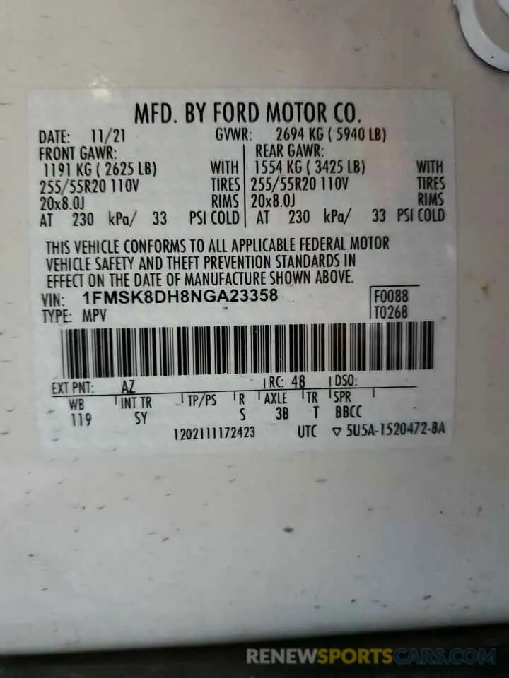 14 Photograph of a damaged car 1FMSK8DH8NGA23358 FORD EXPLORER 2022