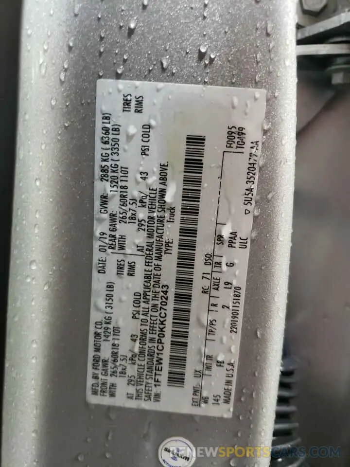 12 Photograph of a damaged car 1FTEW1CP0KKC70243 FORD F-150 2019