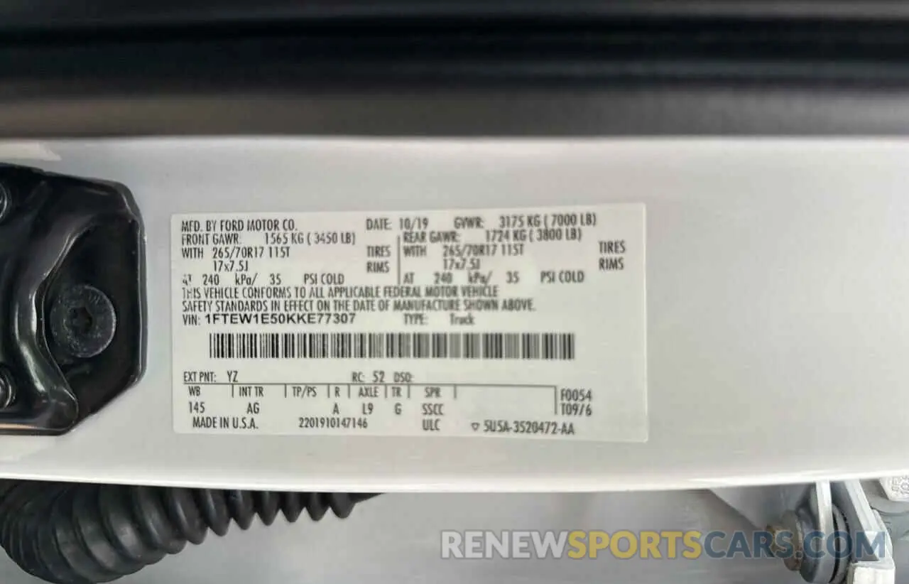 10 Photograph of a damaged car 1FTEW1E50KKE77307 FORD F-150 2019
