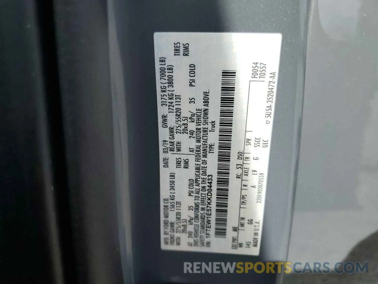 14 Фотография поврежденного автомобиля 1FTEW1E57KKD04433 FORD F-150 2019