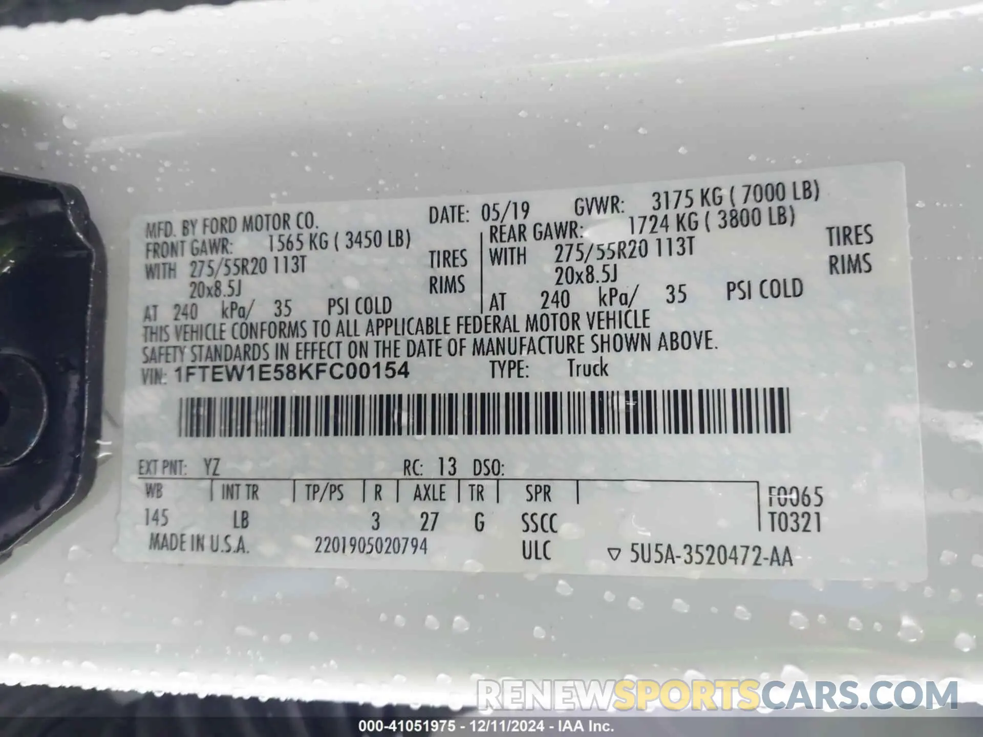8 Фотография поврежденного автомобиля 1FTEW1E58KFC00154 FORD F-150 2019