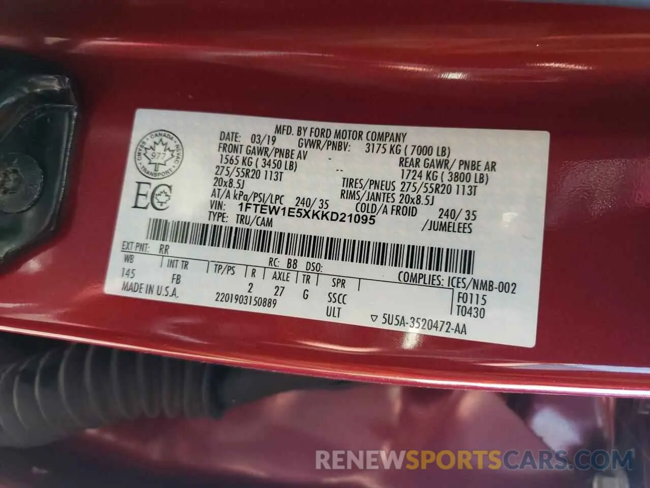 13 Фотография поврежденного автомобиля 1FTEW1E5XKKD21095 FORD F-150 2019