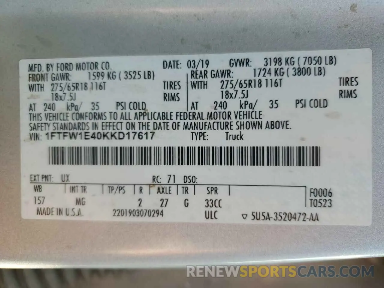12 Photograph of a damaged car 1FTFW1E40KKD17617 FORD F-150 2019