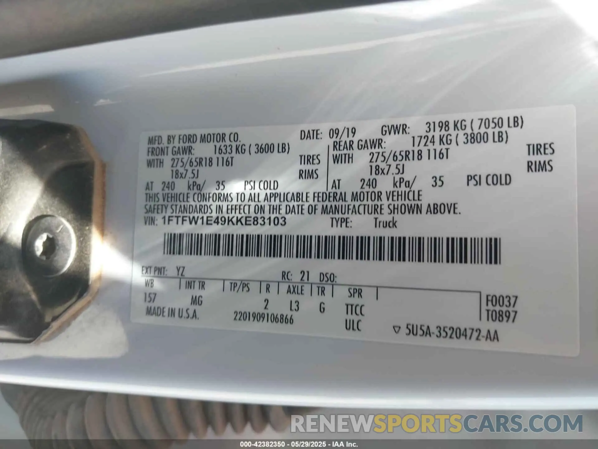 9 Photograph of a damaged car 1FTFW1E49KKE83103 FORD F-150 2019