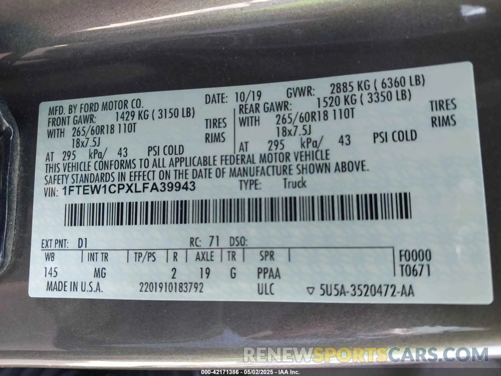 9 Фотография поврежденного автомобиля 1FTEW1CPXLFA39943 FORD F-150 2020