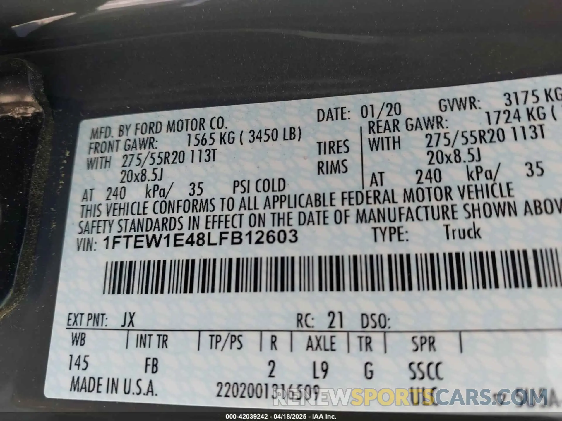 9 Фотография поврежденного автомобиля 1FTEW1E48LFB12603 FORD F-150 2020