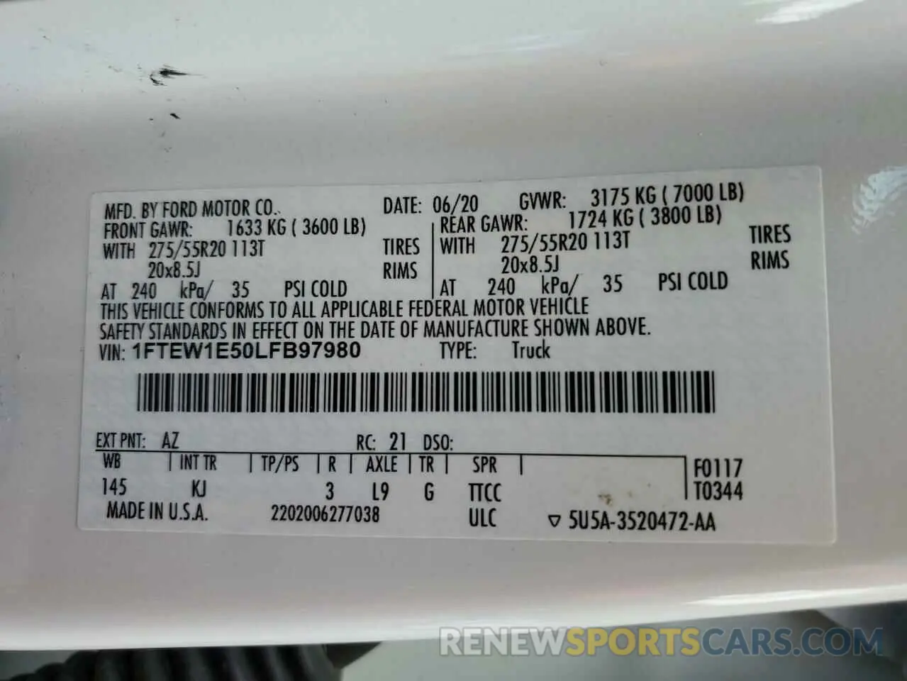 13 Photograph of a damaged car 1FTEW1E50LFB97980 FORD F-150 2020