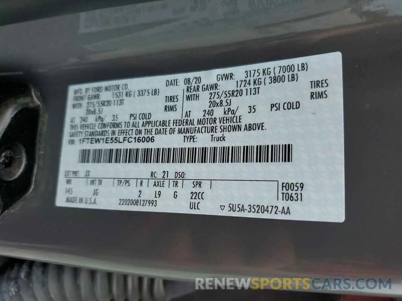 13 Фотография поврежденного автомобиля 1FTEW1E55LFC16006 FORD F-150 2020