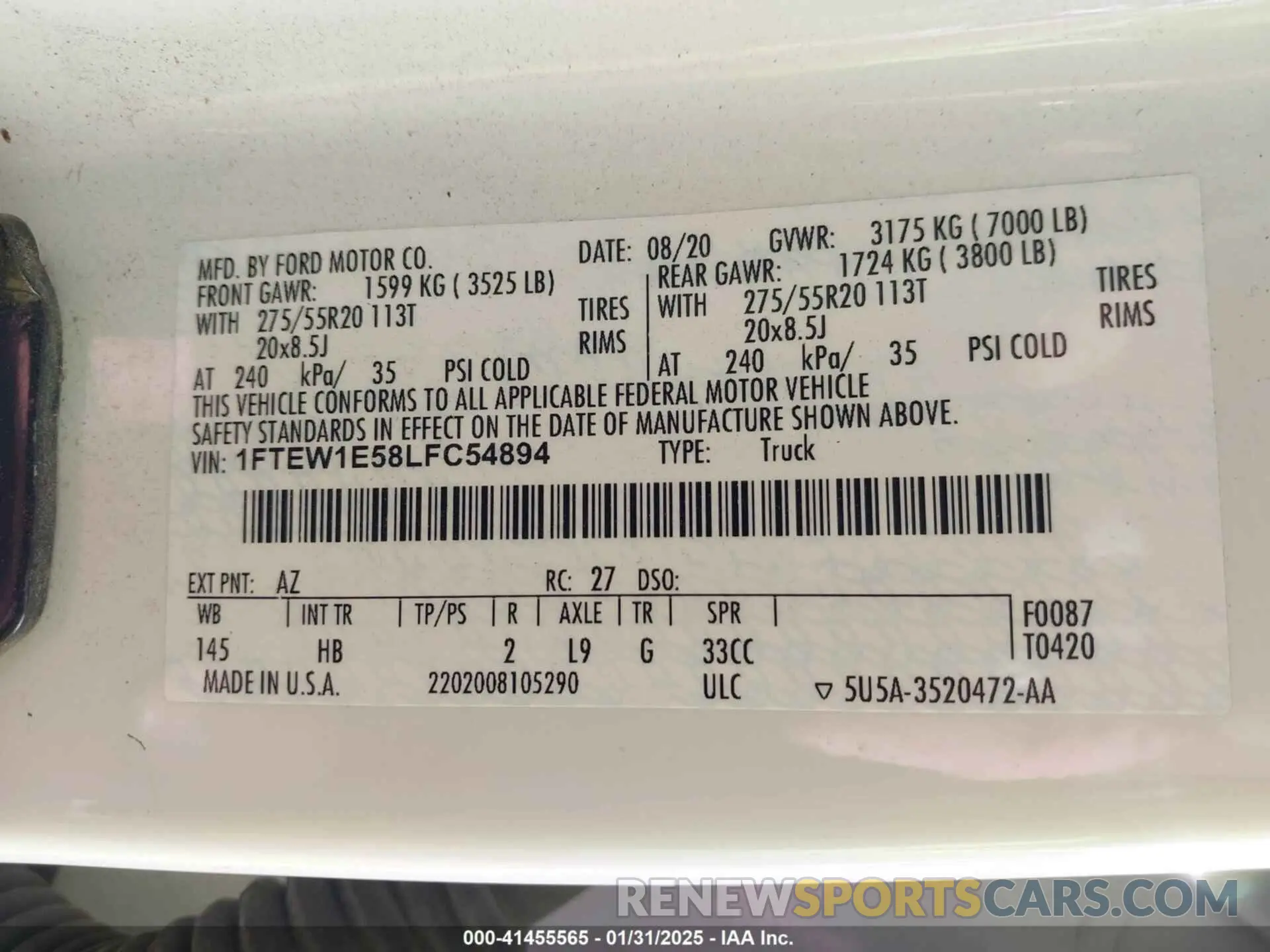 9 Фотография поврежденного автомобиля 1FTEW1E58LFC54894 FORD F-150 2020