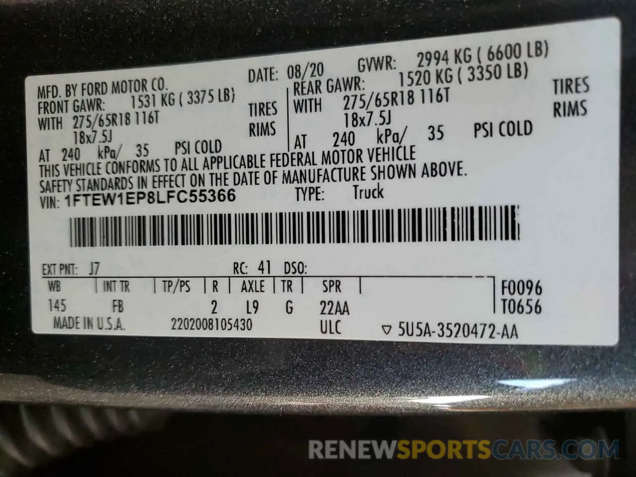 14 Фотография поврежденного автомобиля 1FTEW1EP8LFC55366 FORD F-150 2020