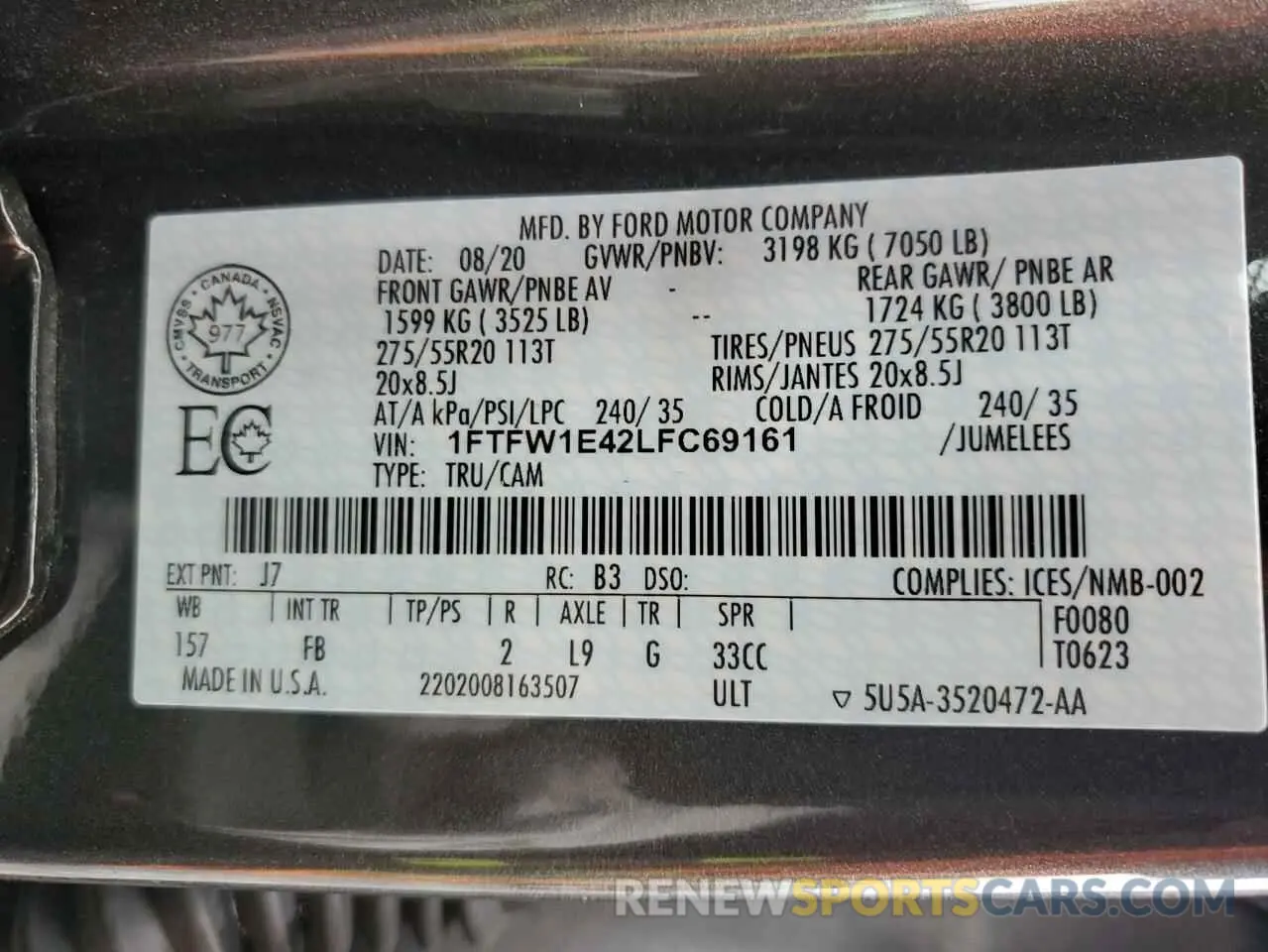 13 Фотография поврежденного автомобиля 1FTFW1E42LFC69161 FORD F-150 2020