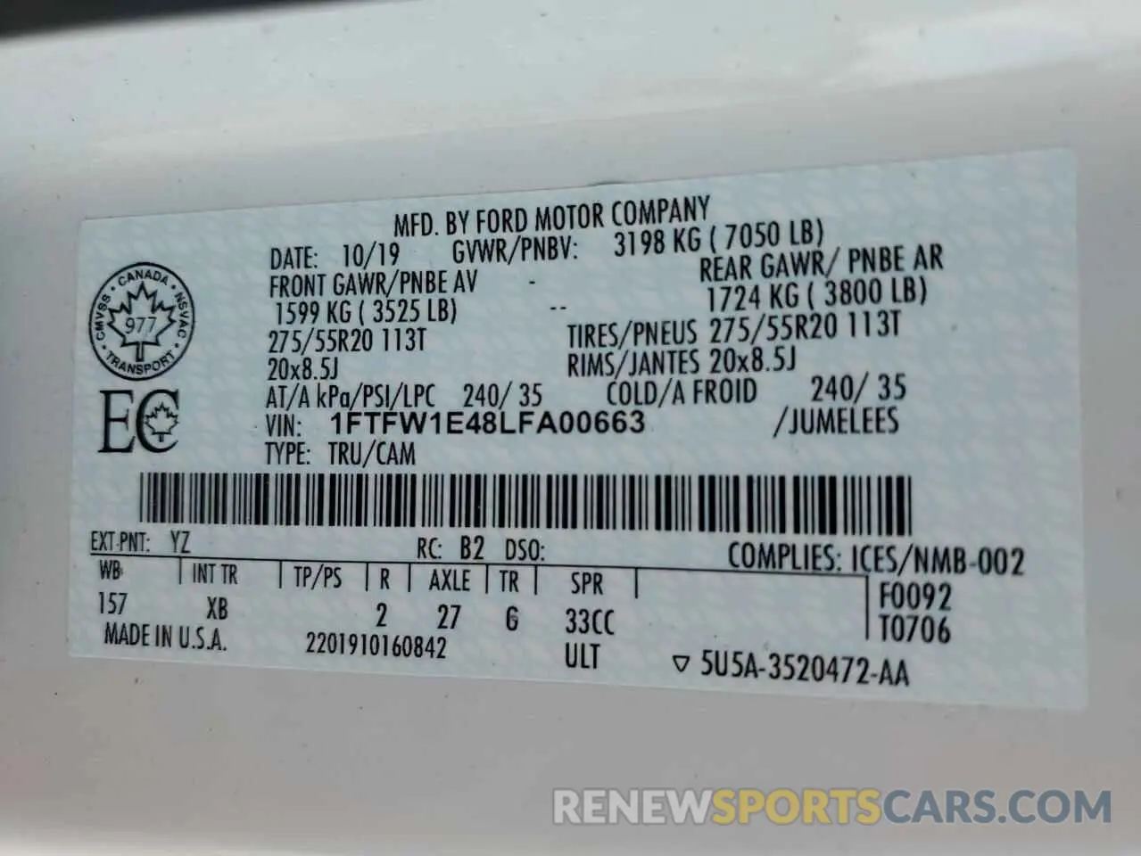 12 Photograph of a damaged car 1FTFW1E48LFA00663 FORD F-150 2020