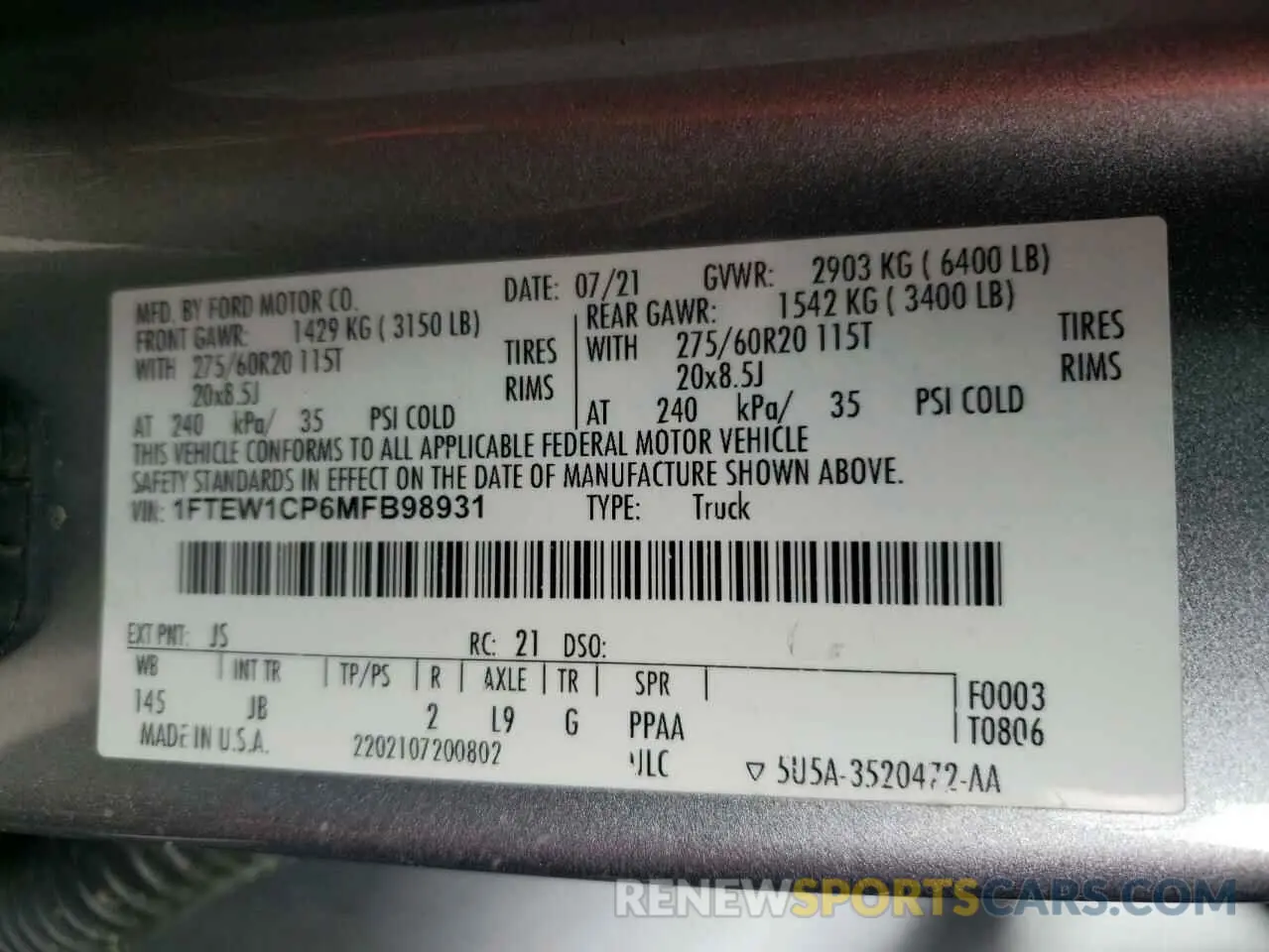 12 Photograph of a damaged car 1FTEW1CP6MFB98931 FORD F-150 2021
