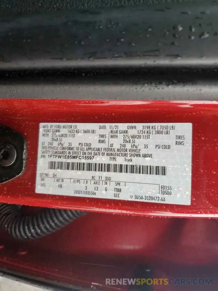 12 Фотография поврежденного автомобиля 1FTFW1E85MFC15597 FORD F-150 2021